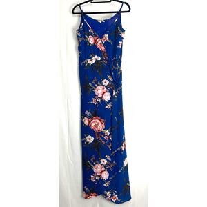 Mystree Large Blue Floral Maxi Dress Sleeveless Wrap V-Neck Lined Lightweight